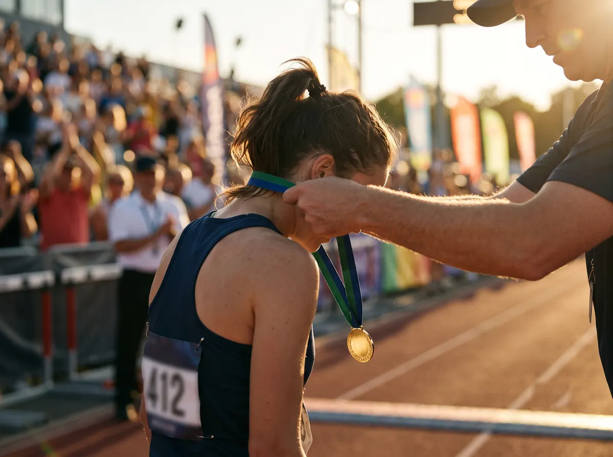 Atleta recebendo medalha dourada no pescoço diante da torcida