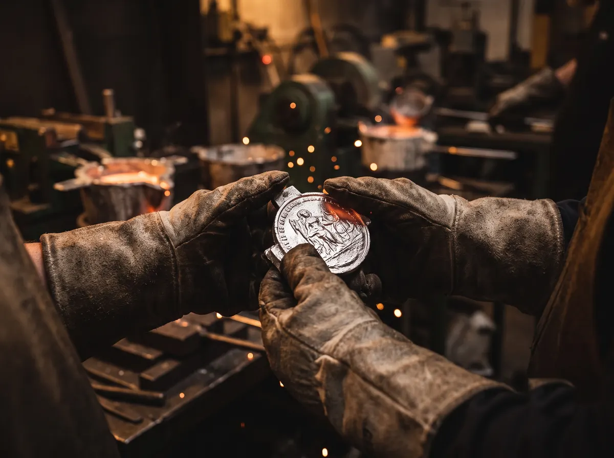 Mãos com luvas de fundidor segurando medalha recém-fundida dentro da fábrica