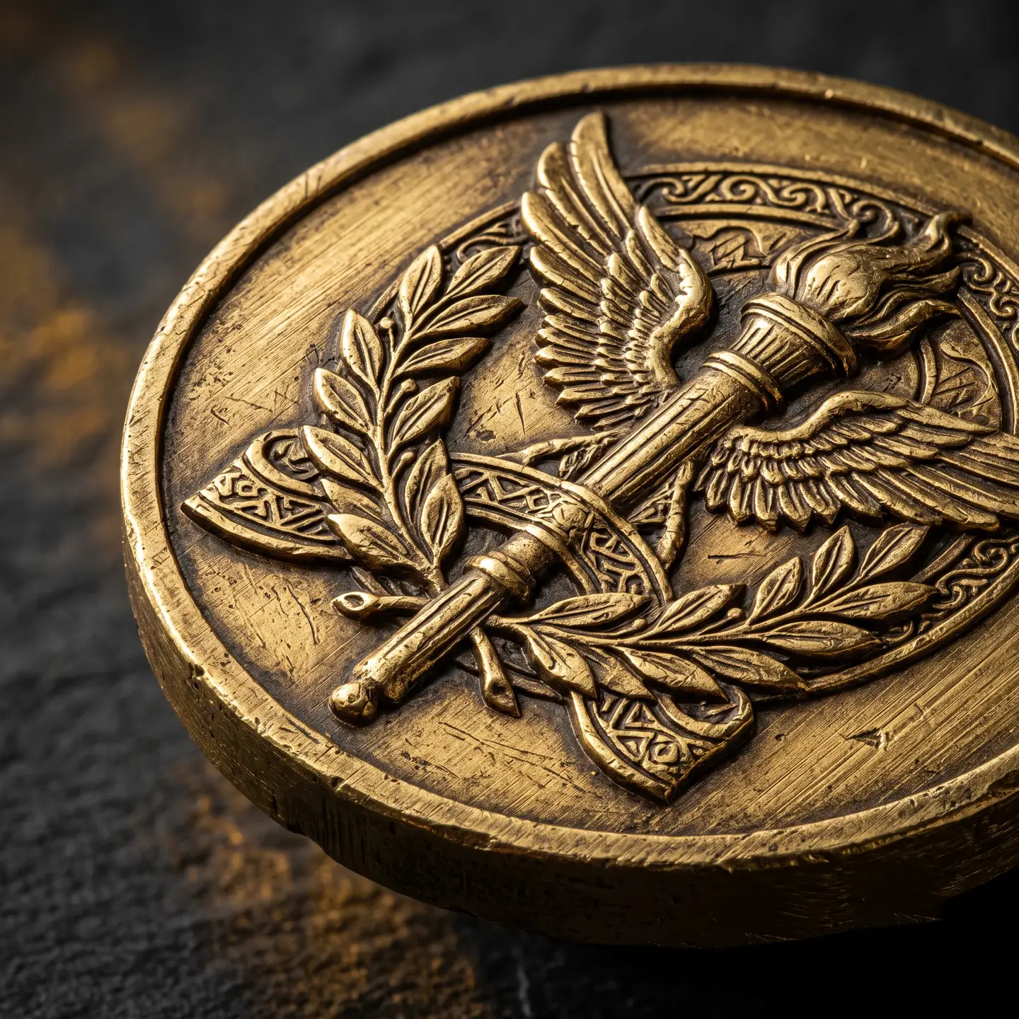 Macro de medalha em Metal Zamac com asas e tocha em alto relevo, acabamento ouro envelhecido